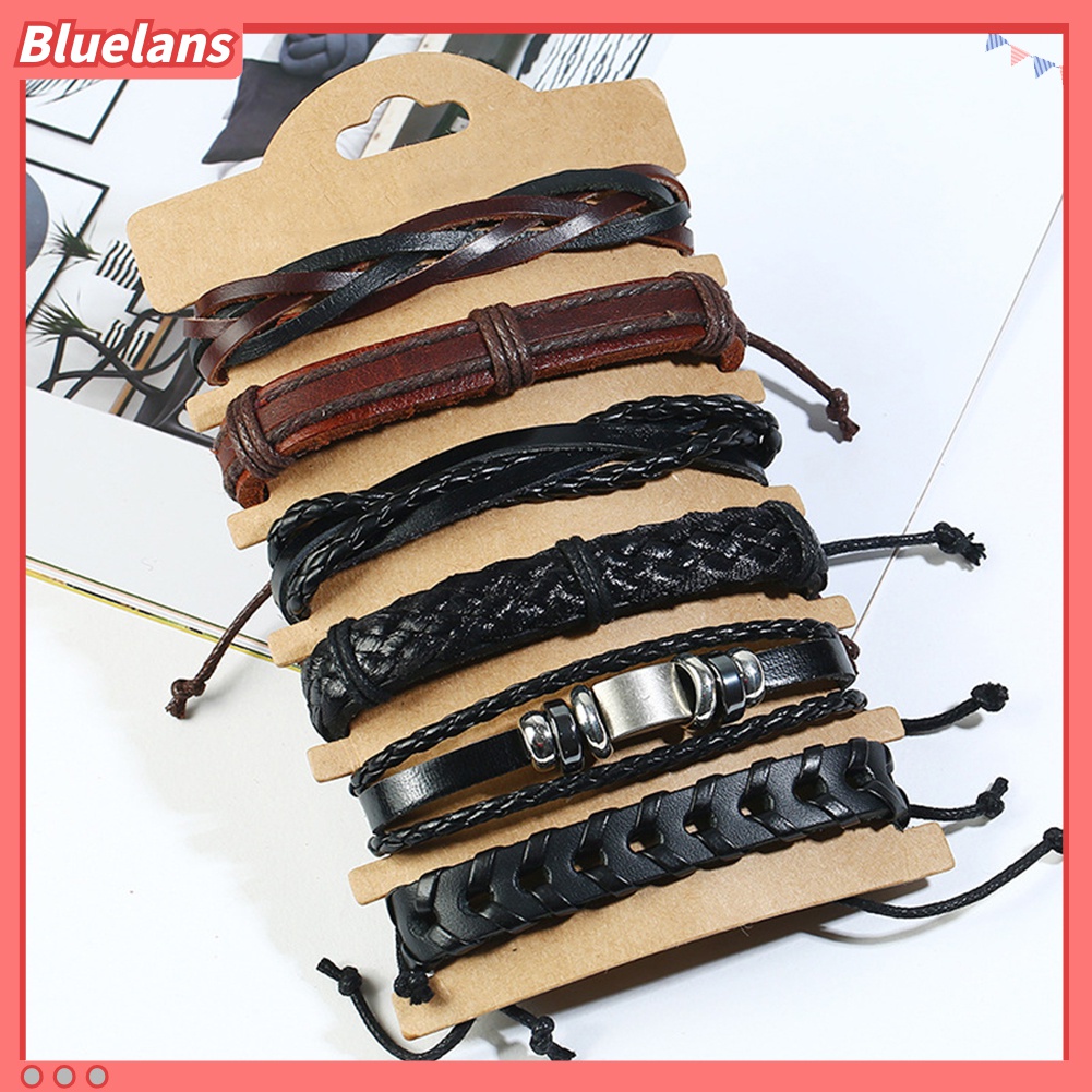 6pcs / Set Gelang Tali Kulit Kepang Multilayer Gaya Retro Untuk Pria