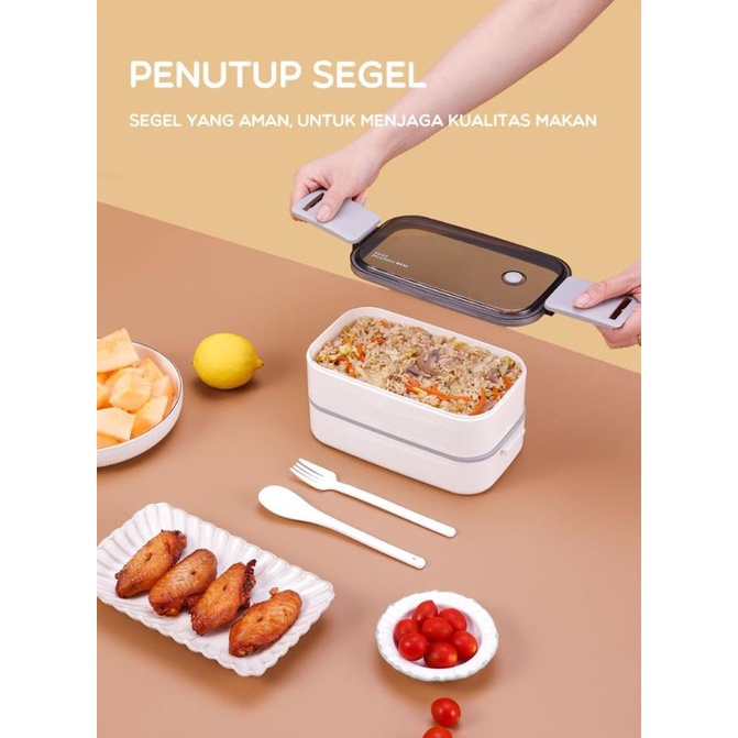 Bonbox Kotak Makan 2 Tingkat Lunch Box Susun Microwaveable Food Grade Material Plastik Dengan Alat Makan BTW40