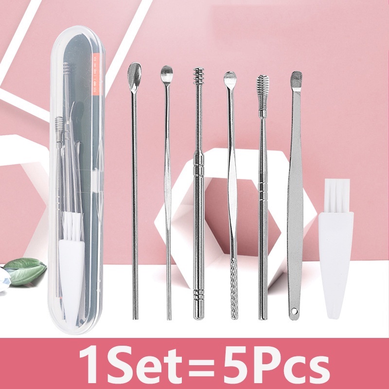 Korek Kuping Stainless Stell Set 5 In 1/Alat Pembersih Perawatan Telinga  Spiral/Alat Pembersih Kotoran Kuping