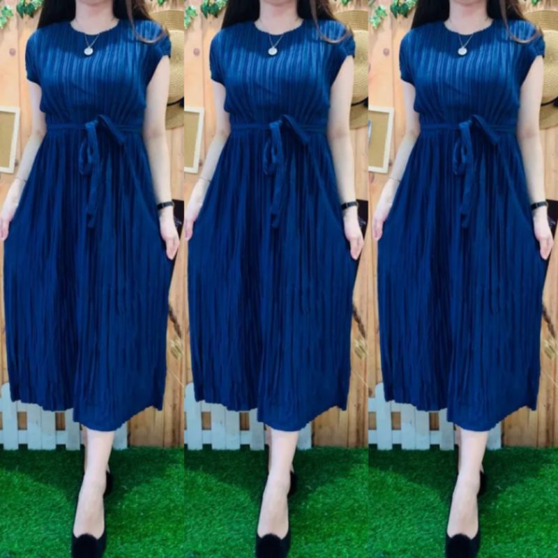 Long Dress Wanita Plisket Tanpa Lengan/Dress Viral 2023/Dress Wanita/Pakaian Wanita/Dress Terlaris-3