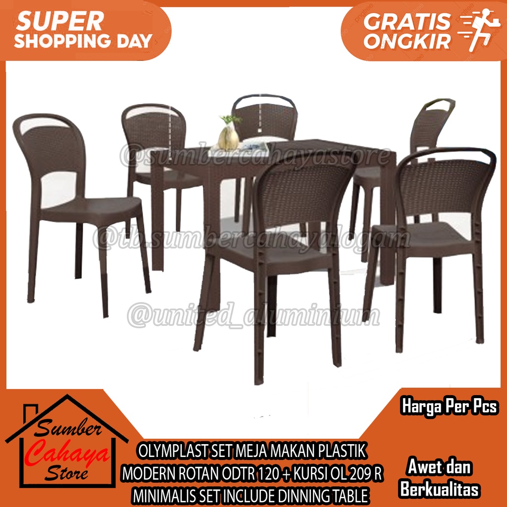 OLYMPLAST SET MEJA MAKAN PLASTIK MODERN ROTAN ODTR 120 + KURSI OL 209 R MINIMALIS SET INCLUDE DINNIN