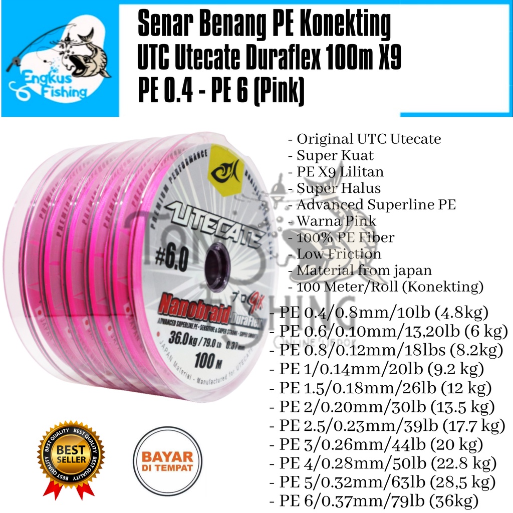 Senar Benang Pancing PE UTC Utecate Duraflex X9 Pink (PE 0.4 - PE 6) 100M/Roll Konekting - Engkus Fishing