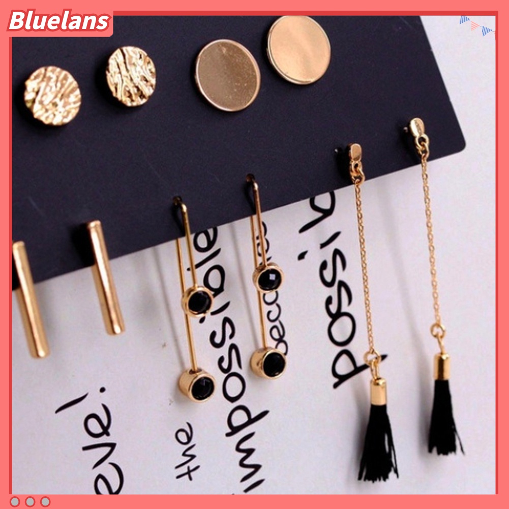 5 Pasang Anting Stud Juntai Bentuk Bulat Persegi Panjang Untuk Wanita