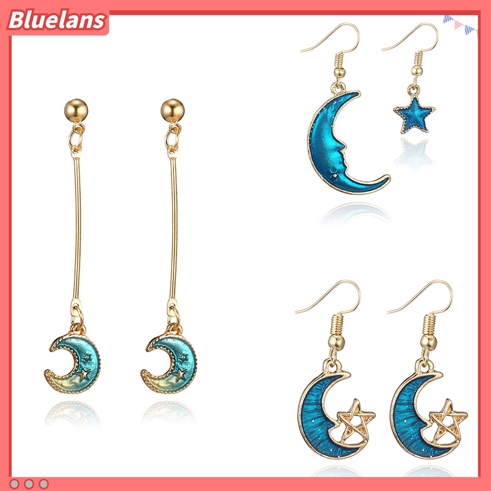 Anting Kait Juntai Desain Bulan Bintang Warna Biru Untuk Wanita