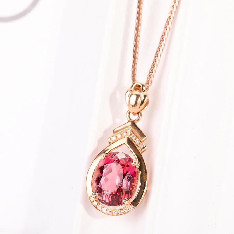 Goldkingdom Fashion Perhiasan 24 K Bangkok Aksesoris Ready Stock Brasil Merah Tourmaline Liontin 18 K Rose Gold Kalung Perempuan Permata Emas Asli Kadar 375 Berlian