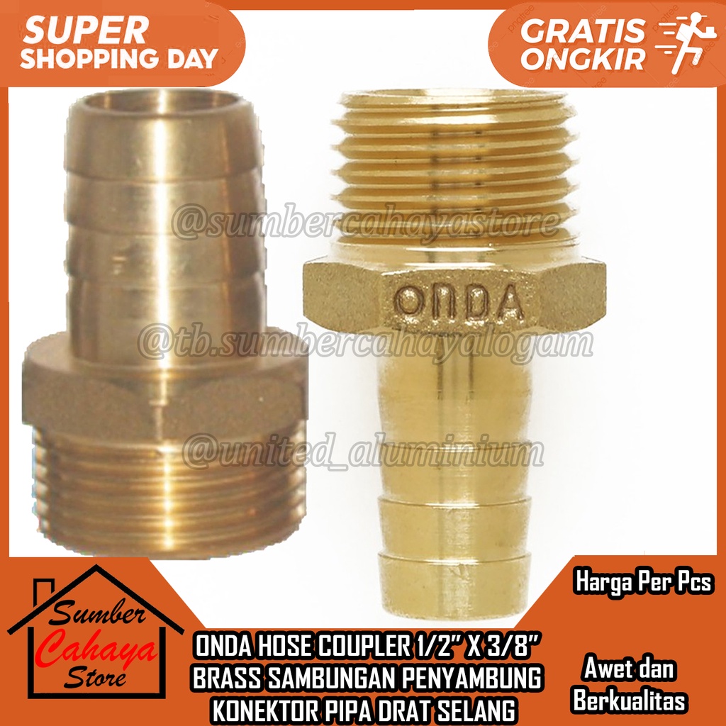 HOSE COUPLER ONDA KUNINGAN 1/2” X 3/8” BRASS SAMBUNGAN PENYAMBUNG KONEKTOR PIPA DRAT SELANG SLANG BR