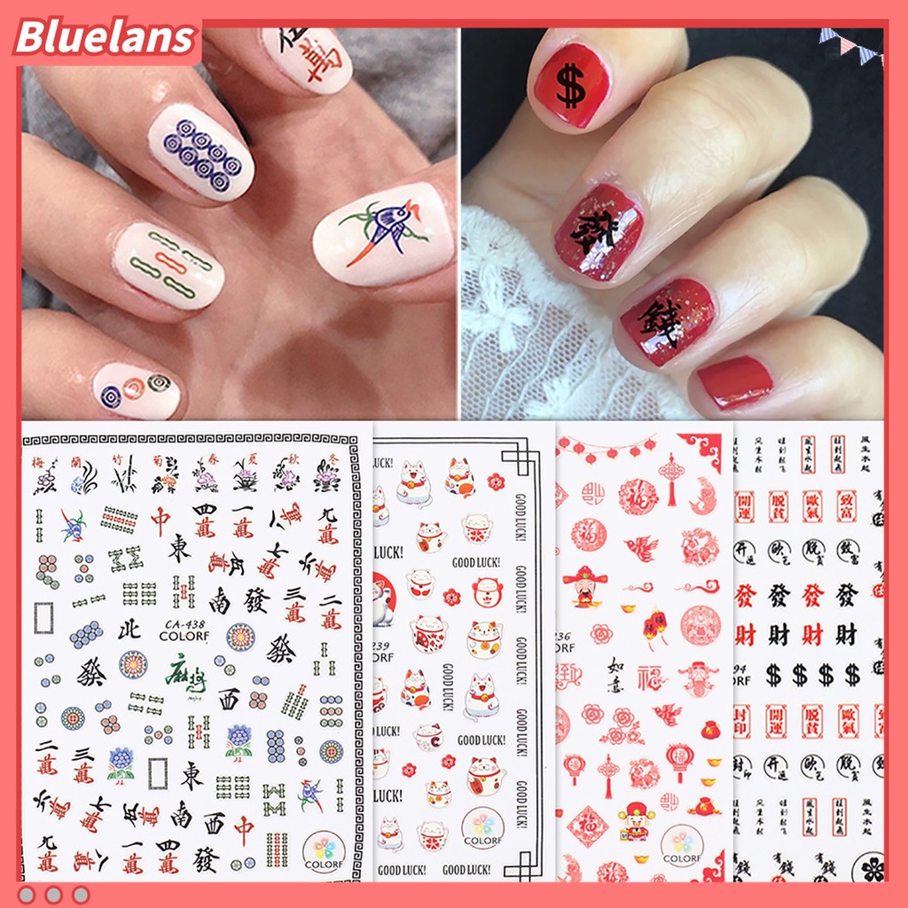 (In Stock) Kacamata Hitam Lensa Warna Warni ♡3pcs Stiker Kuku Desain Karakter Kaligrafi Cina Untuk Dekorasi Manicure