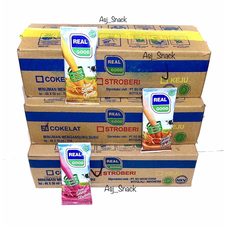 

Real Good Susu Bantal( 1 karton isi 60 pcs ) 3 Varian Rasa: Cokelat, Stroberri, Keju ( 1 karton isi 60 pcs x @ 50ml )