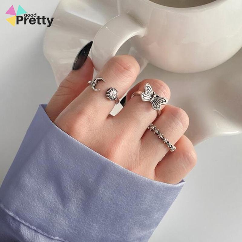 Cincin Gabungan Terbuka Kreatif Retro Star Moon 3-piece Set Cincin - PD