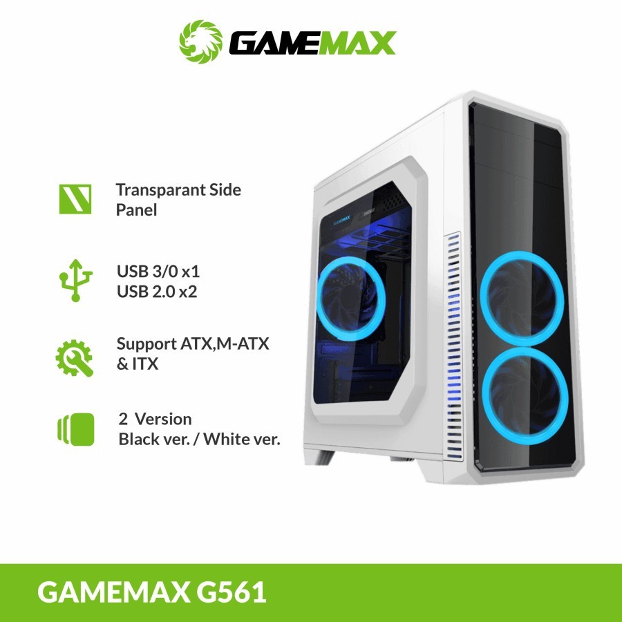 Gamemax Casing PC G561 Putih With 3 Fan