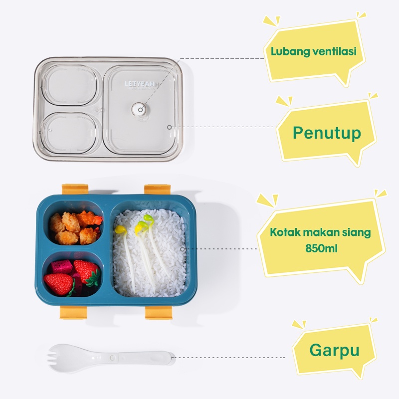 Letyeah &amp; Kaizenliving Kotak bento 3 grid lunch box 850ml anti bocor dengan sendok / BPA free