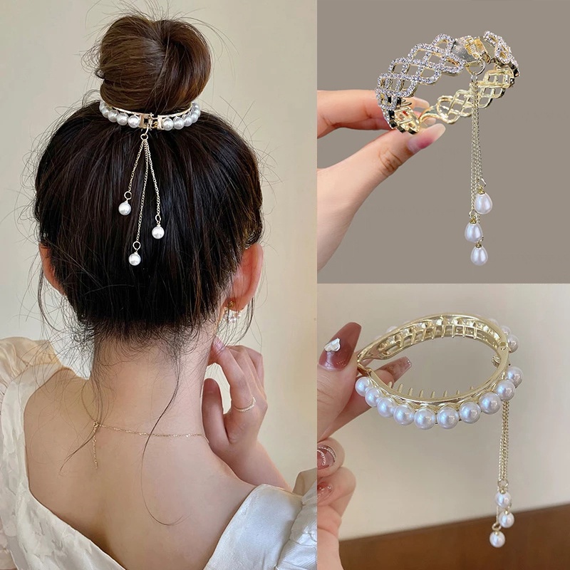 Jepit Rambut Ponytail Bahan Alloy Aksen Mutiara Berlian Imitasi Gaya Korea Untuk Wanita