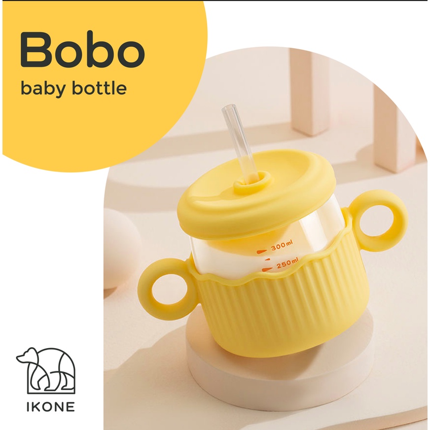 【IKONE】BOBO Botol Minuman Anak-Anak Lucu Botol Sedotan Kaca 400ml Botol Minuman Anak Sekolah Portable Water Bottle