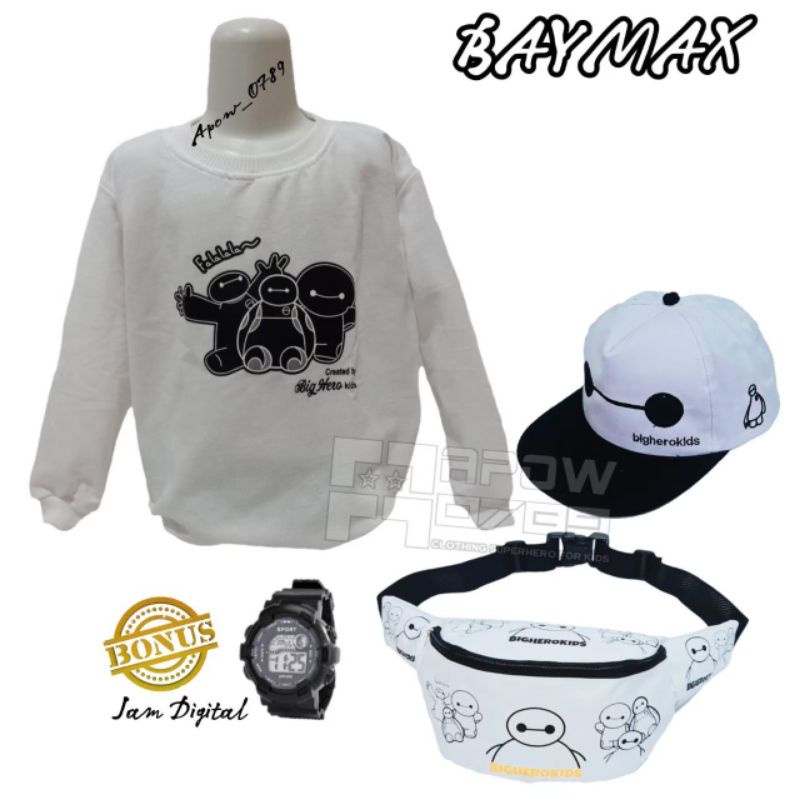 Jaket Sweater Anak BAYMAX Paket 4IN1 Free Tas Waistbag Topi Bordir Dan jam Tangan anak