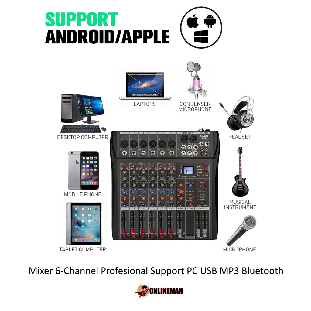 Mixer 6-Channel Profesional Support PC USB MP3 Bluetooth