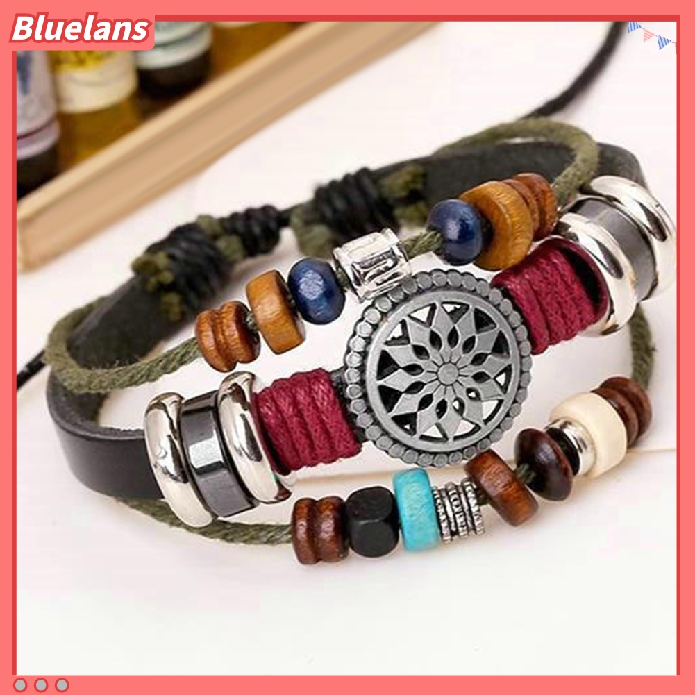 Bluelans Boho Women Multi Layer Beaded Woven Leather Rope Bracelet Adjustable Jewelry