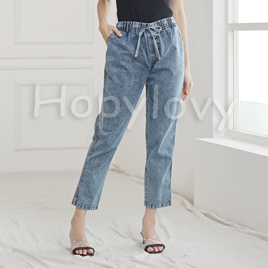 HOPYLOVY Celana Boyfriend Jeans Wanita Pinggang Karet BF Snow Eva