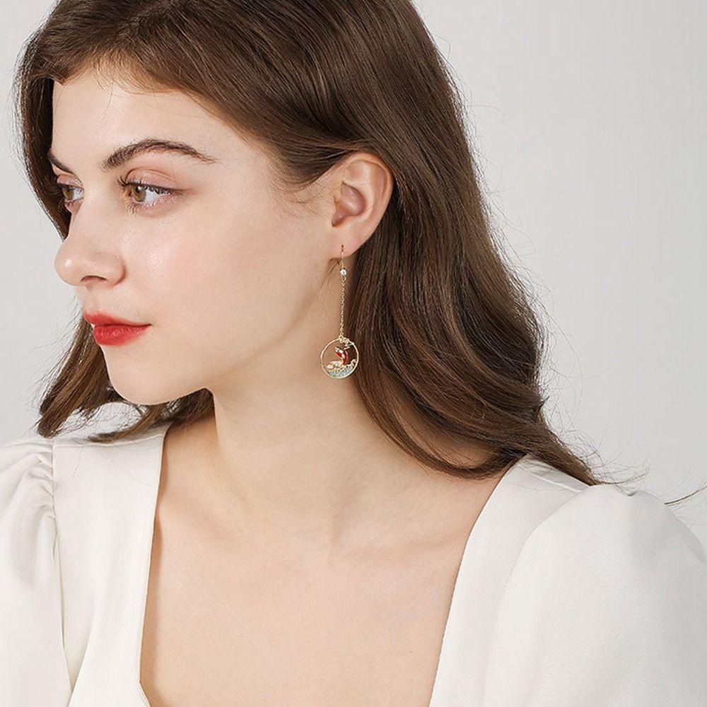 Mxbeauty Anting Imlek Fashion Drop Earrings Mutiara Emas Berlian Perhiasan Tahun Baru Perhiasan Gaya Cina Anting Koi Merah
