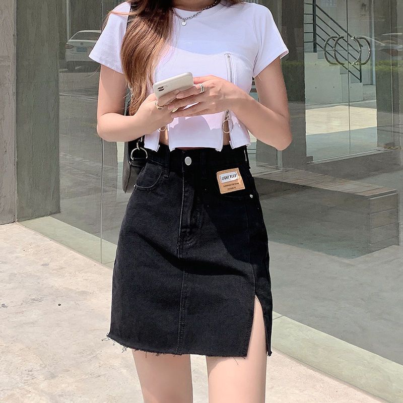 Rok jeans pendek Rok midi jeans rok wanita kekinian rok hitam a line midi 3 4 rok korean style