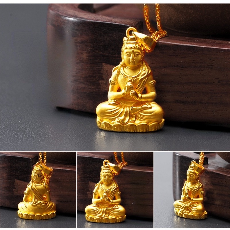 Goldkingdom Fashion Perhiasan 24K Bangkok Aksesoris Ready Stock Berlapis Emas Asli Kadar 375 Buddha Liontin 3D Emas Asli Kadar 375 Guanyin Bodhisattva Kalung Pria Dan Wanita Zodiak