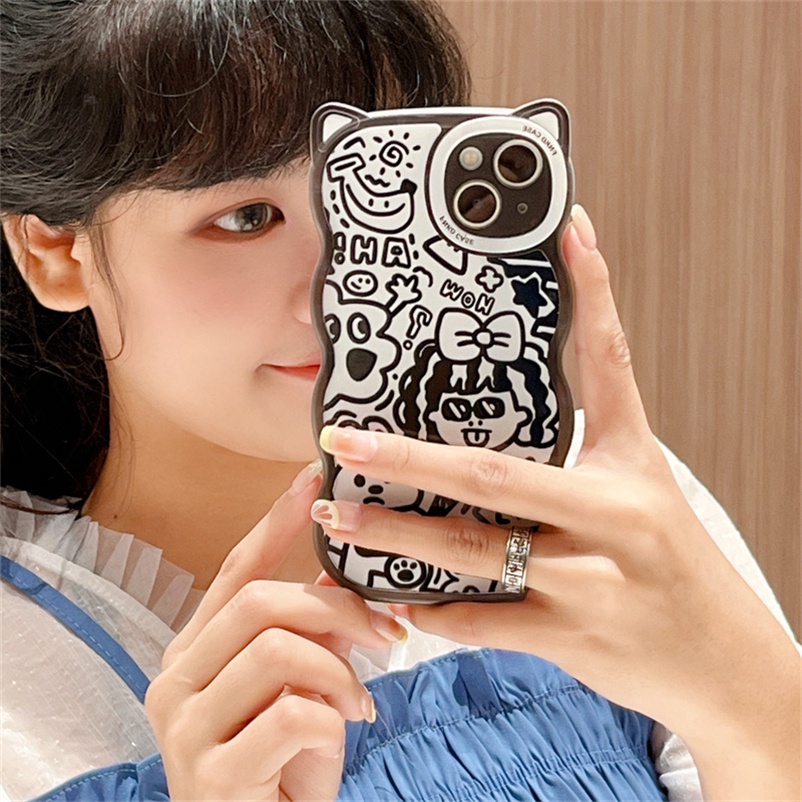 Soft Case Casing Compatible for iPhone 14 13 12 11 Pro Max X Xr Xs Max Se 2020 iPhone 6 7 8 Plus Funny Cartoon Cat Ear Graffiti Four-corner Shatter-resistant Clear Phone Case Anti-fall silicone Protective soft shell