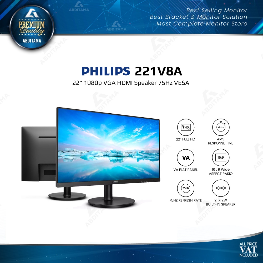 Monitor LED Philips 221V8A 22&quot; 1080p VGA HDMI Speaker 75Hz VESA