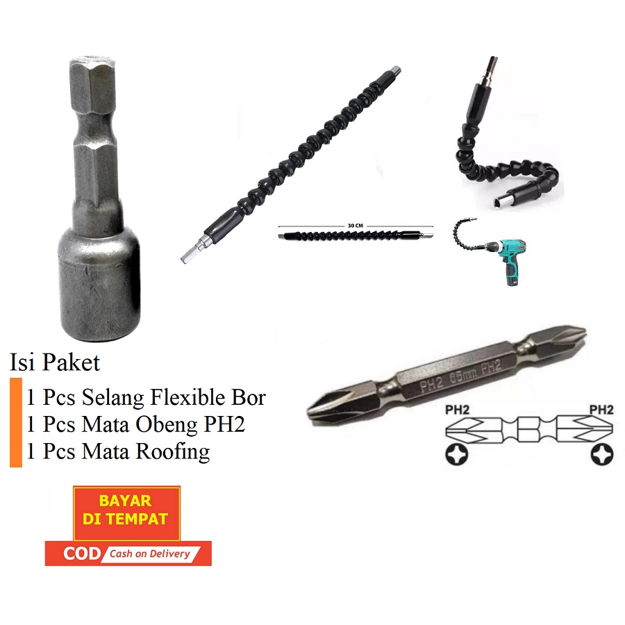 PAKET Flexible Bor Sambungan Ekstensi Kepala Obeng Bor + Mata Roofing + Mata Obeng PH 2 PH2 Benz