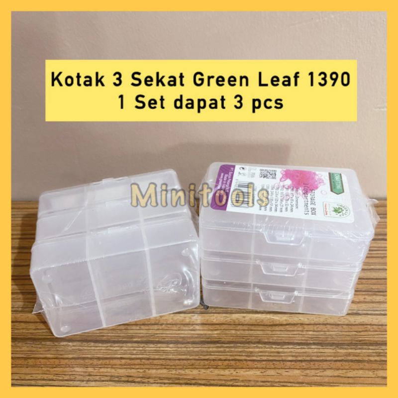 Kotak Obat / Kotak Plastik 3 Sekat Kecil / Green Leaf 1390, HARGA PER SET