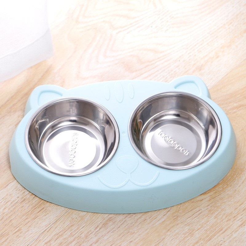 Mangkok Stainless Double Macaron Model Muka Kucing Untuk Anjing Dan Kucing