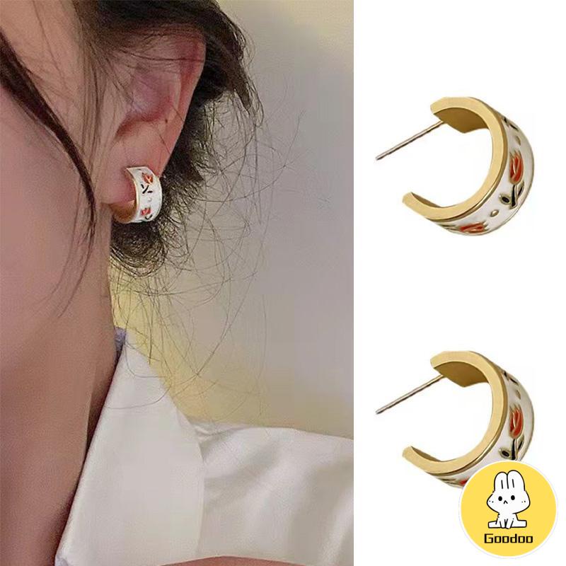 Retro Musim Semi Tulip Lingkaran C Cincin Gaya Hong Kong s925 Sterling Silver Stud Earrings -Doo