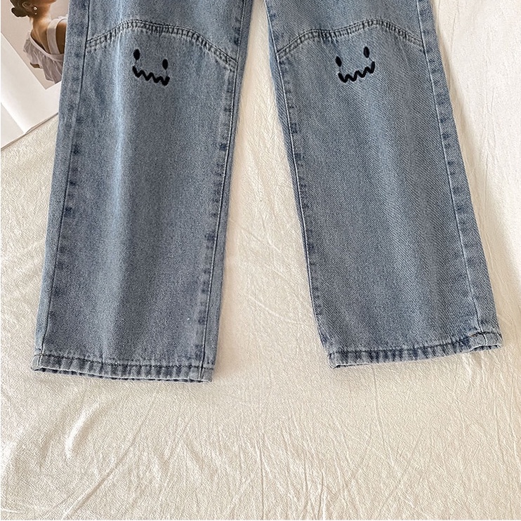 Bordir Smile Kekinian/Biru Boyfriend Highwaist Loose Celana Jeans Panjang Wanita (realpict)