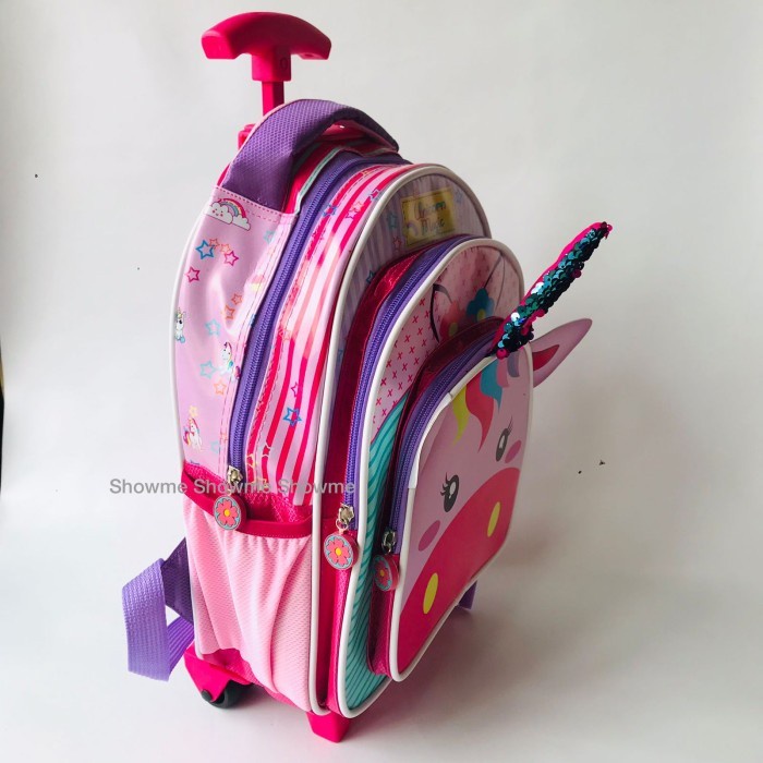 SHOWME TAS TROLI DORONG ANAK SEKOLAH TK &amp; PLAY GROUP KARAKTER PEREMPUAN UNICORN MAGIC TANDUK SEQUIN