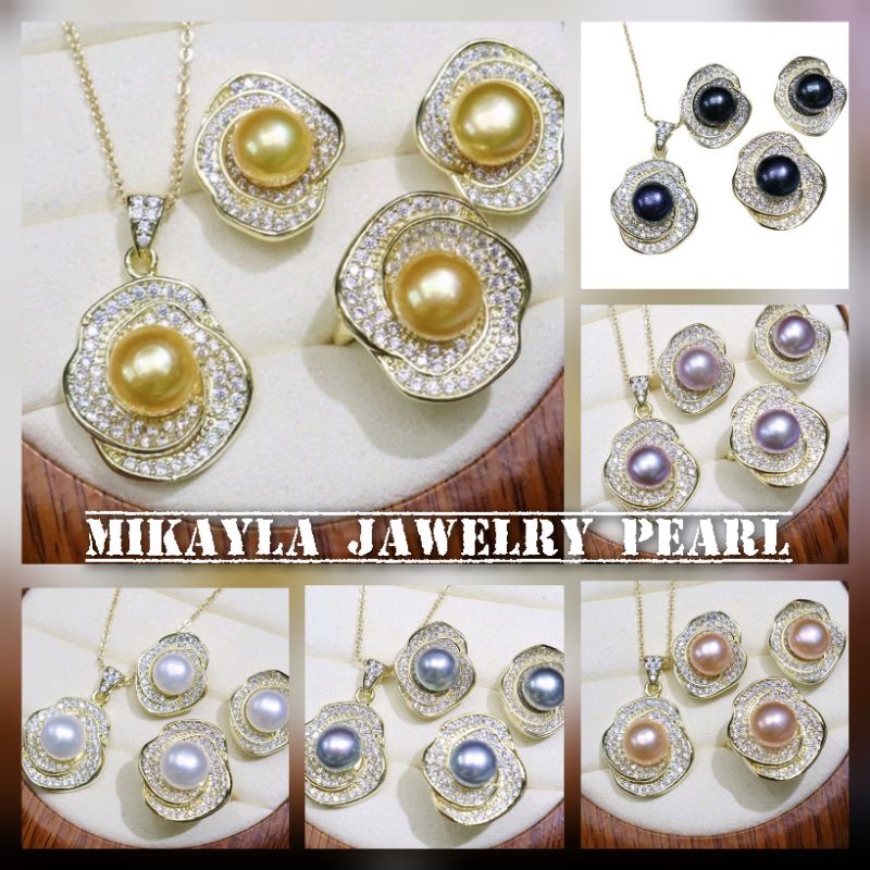 Set mutiara asli lombok/perhiasan mutiara asli bersertifikat/Perhiasan rhodium mutiara asli/Set muti