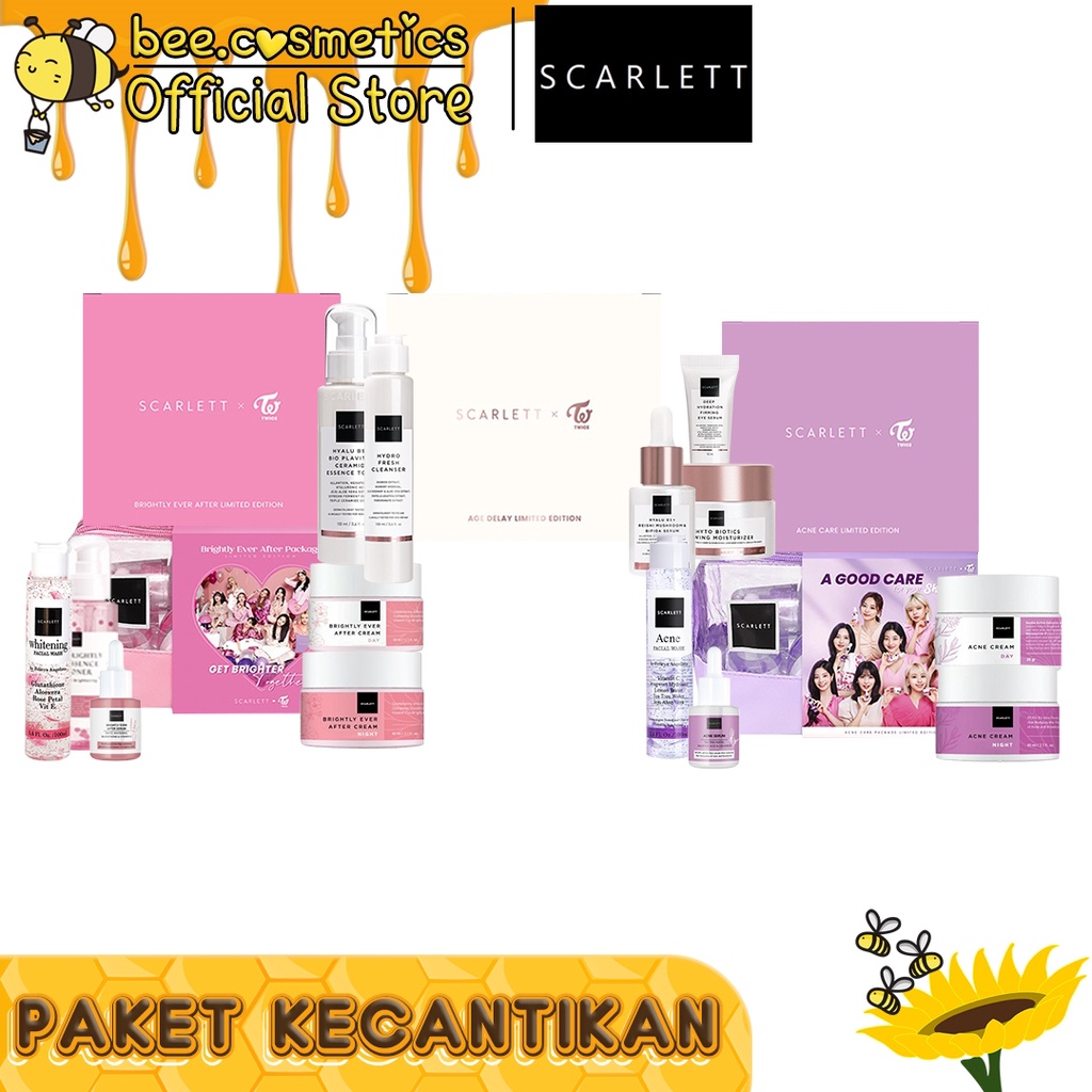 SCARLETT X TWICE PAKET KECANTIKAN ACNE / BRIGHT / AGE DELAY SERIES ( CREAM / SERUM / TONER / FACE WA