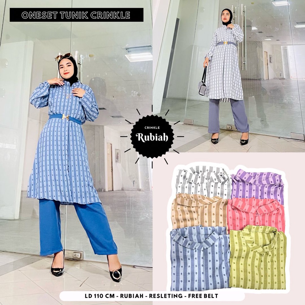 Set Crinkle Airflow Long Tunik Rubiah Resleting Free Belt / Setelan Wanita Jumbo Ld 110 Tunik / Sete