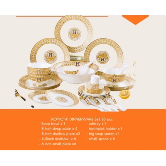 H Plate Set Tableware 28/60 Pcs / Set Piring Mewah Gold Hermes Impor