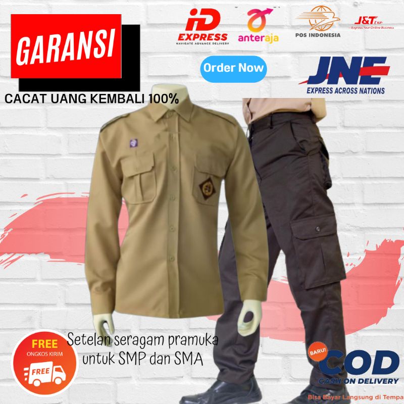 Setelan Seragam Pramuka kemeja Pramuka Saku 2 Depan + Celana Pramuka PDL/ Cargo untuk SMP/ SMA/ PEMB