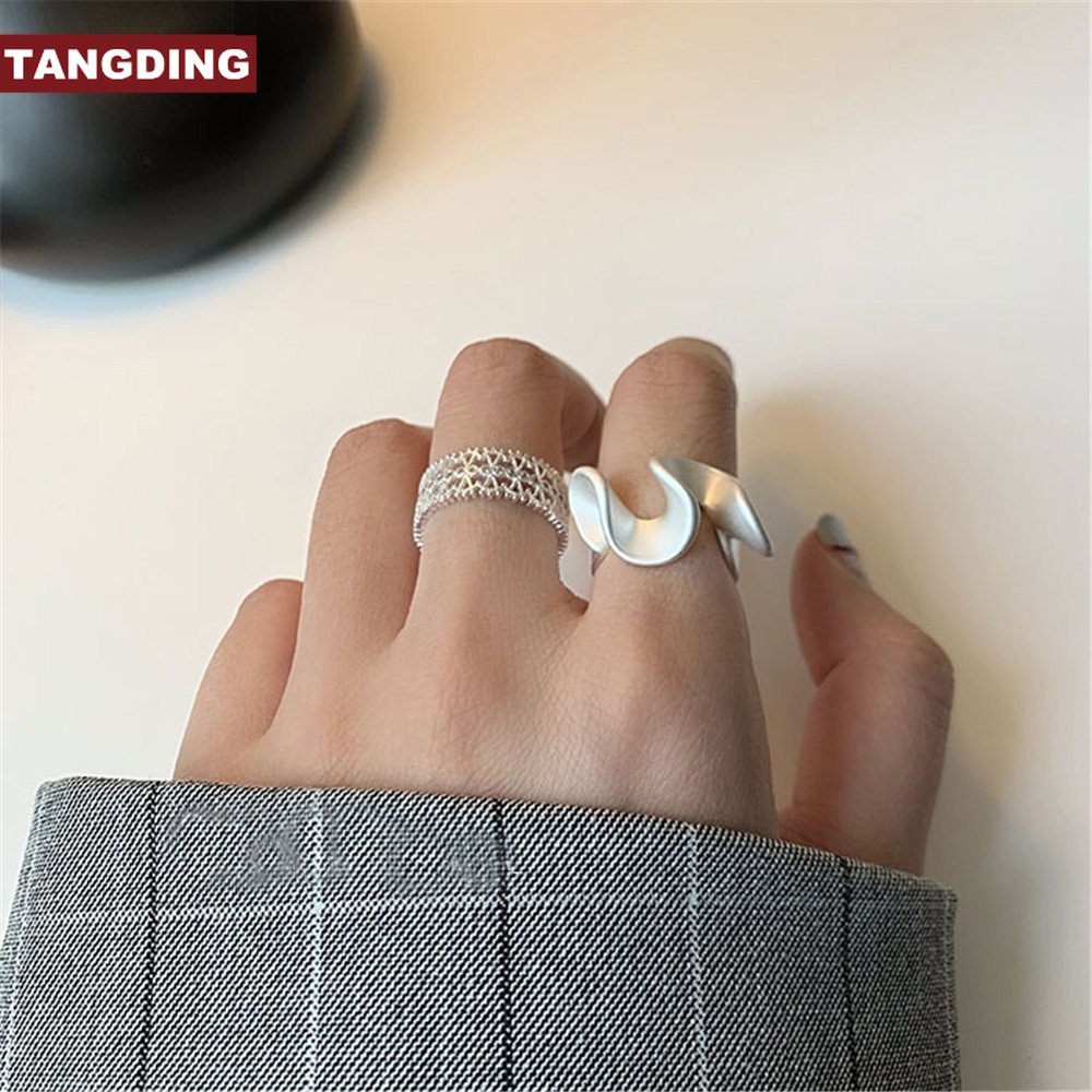 【COD Tangding】2pcs / SET Cincin Model Terbuka Desain Ombak + Zircon Warna Silver Matte Untuk Anak Laki-Laki / Perempuan