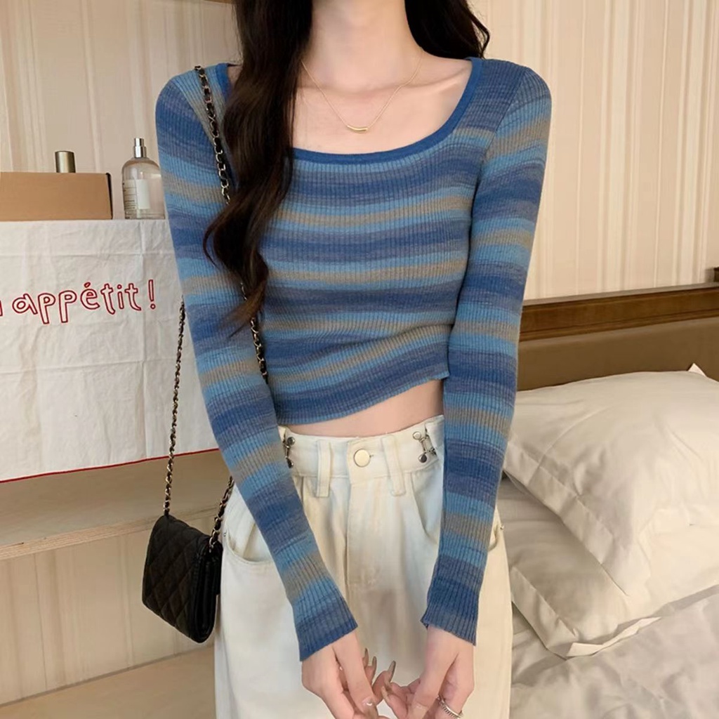 Atasan Rajut Stripe Wanita Crewneck Lengan Panjang Sweater