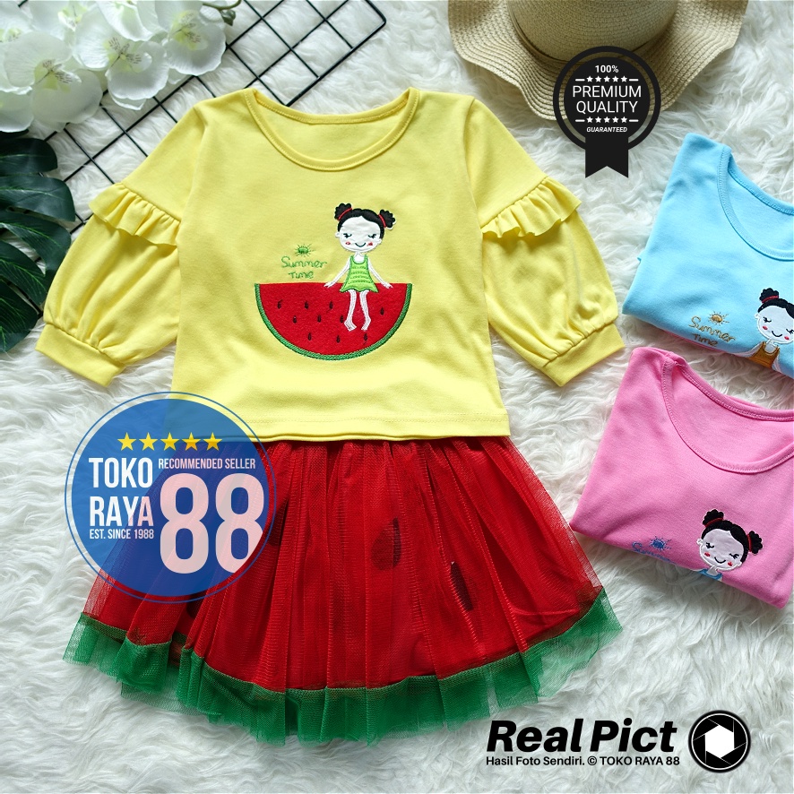 TOKO RAYA 88, Setelan Dress Tutu Premium Anak 1 – 2 Tahun, Model Summer Time Semangka Tile, Gaun Aca