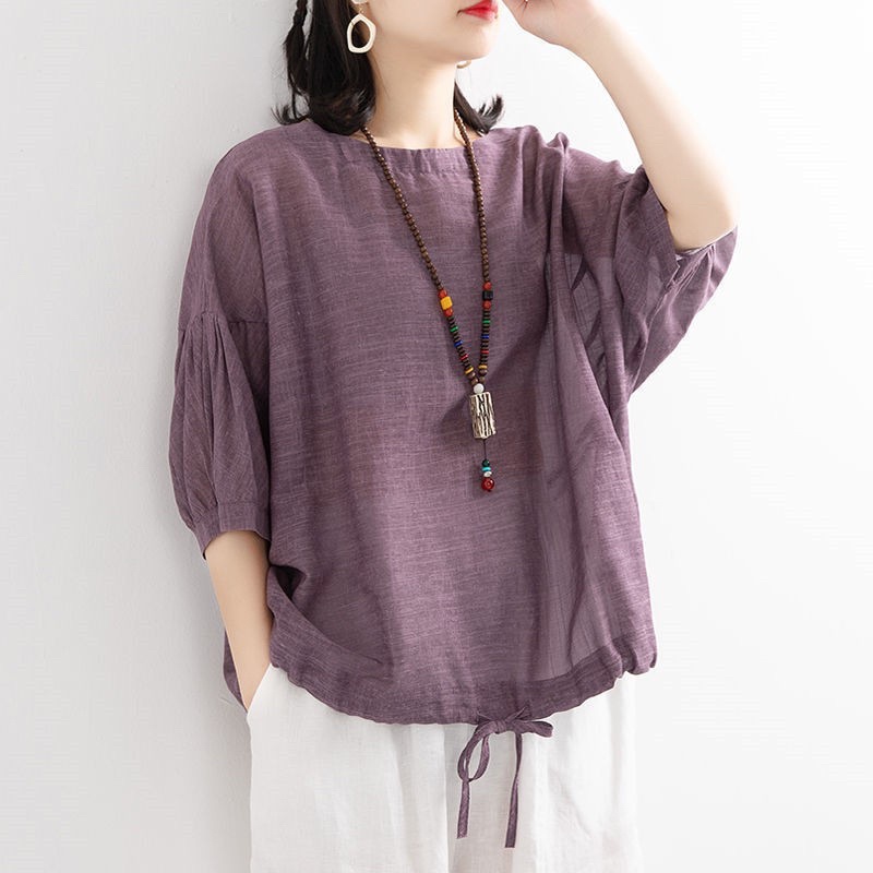 Asmora Blouse Atasan Wanita Oversize Polo Linen Leher Bulat Batwing OOTD Remaja Dewasa