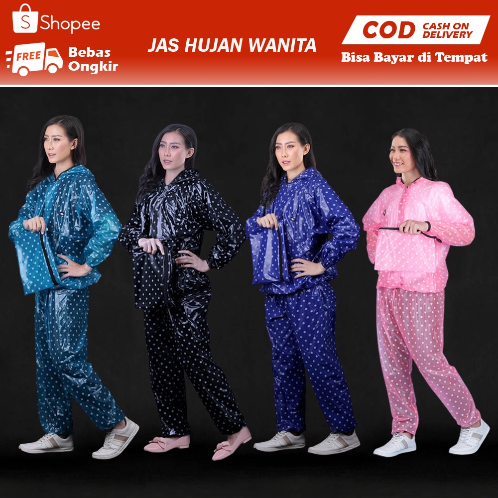 ALL SIZE JAS HUJAN WANITA DEWASA JAS HUJAN SETELAN PEREMPUAN POLKADOT ANTI REMBES MURAH PINK BIRU HITAM TOSCA