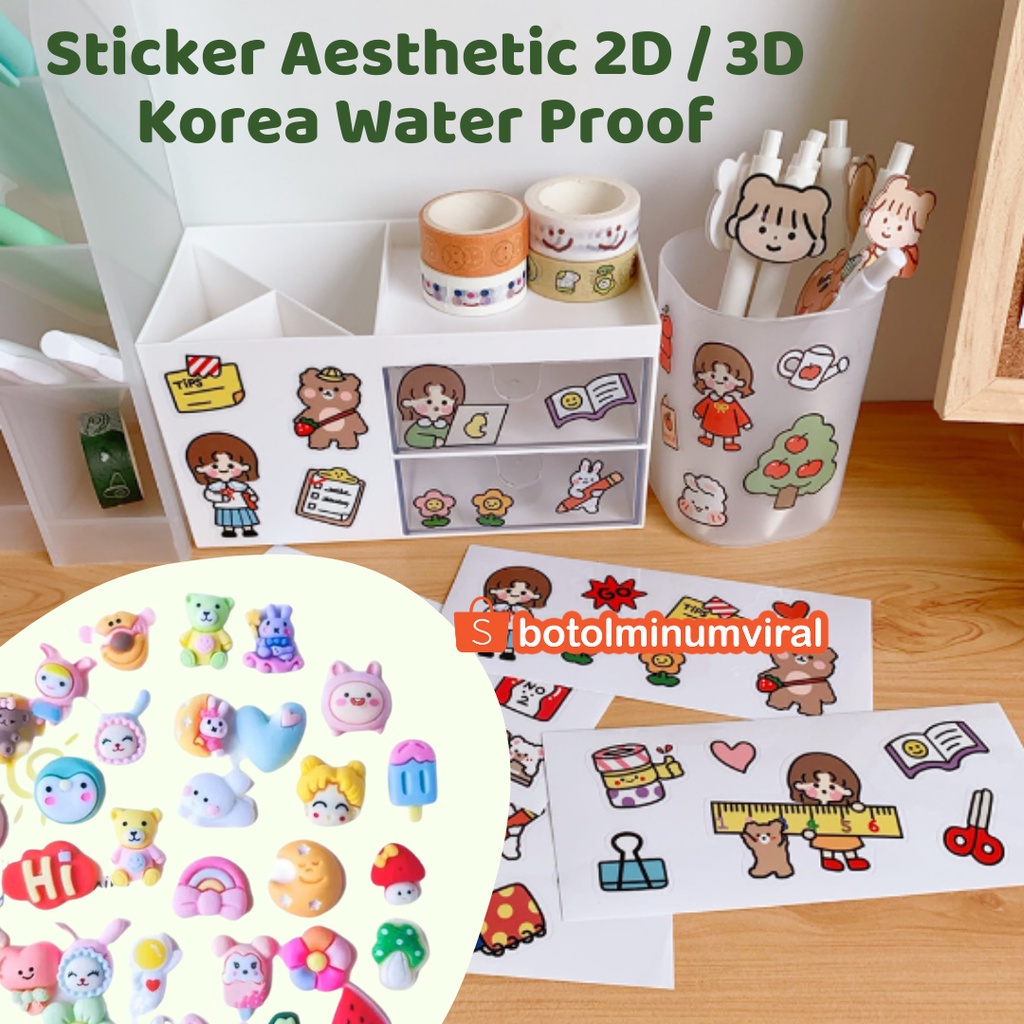 Sticker 3D 2D Lucu Aesthetic Korea Bisa Untuk Botol Minum Sandal Komputer Buku