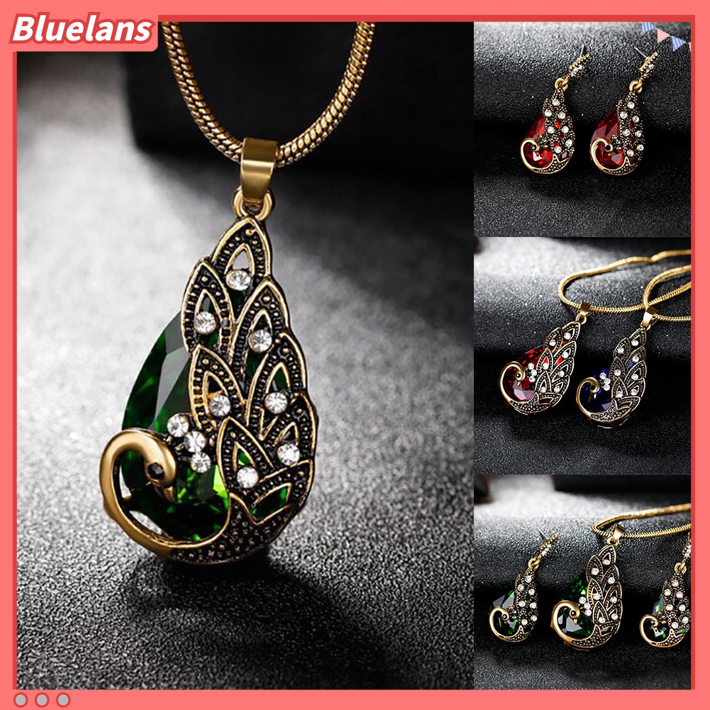 3 Pcs Kalung Anting Berlian Imitasi Bentuk Merak