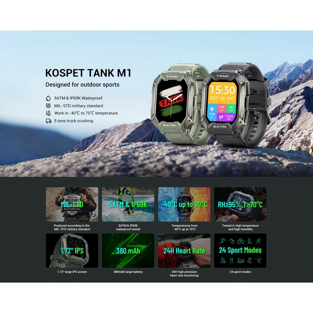 KOSPET TANK M1 - Outdoor 5ATM Sporty Smartwatch 1.72-inch IPS Display - Jam Tangan Pintar Outdoor Tahan Air Tahan Banting Layar IPS 1.72-inci Lengkap Dengan Heart Rate Sensor