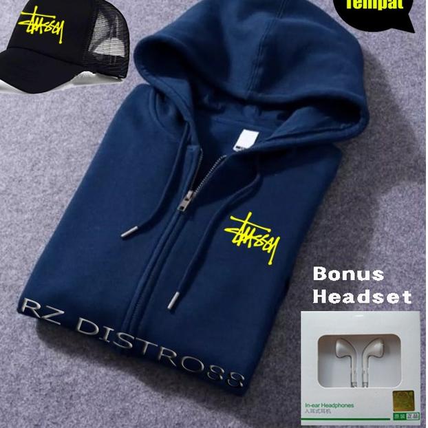 Best Seller Bonus Topi. Bonus Headset. Jaket Hoodie Resleting STUSSY  Text Yellow / Jaket Pria wanit