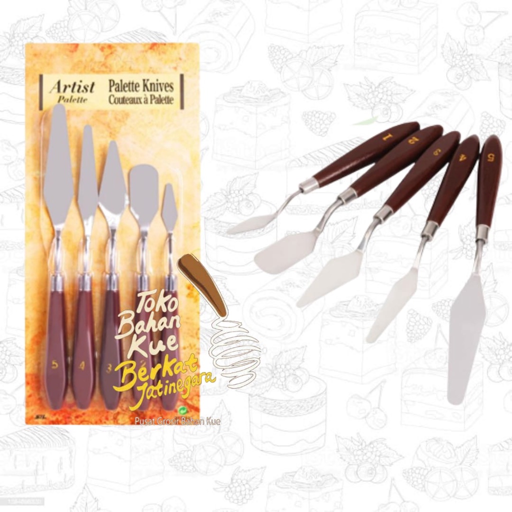 PISAU PALET SET 5 / PAINTING KNIFE 5 PCS SET STAINLESS WOOD HANDLE / PISAU PALET LUKIS KNIVES PALETTE