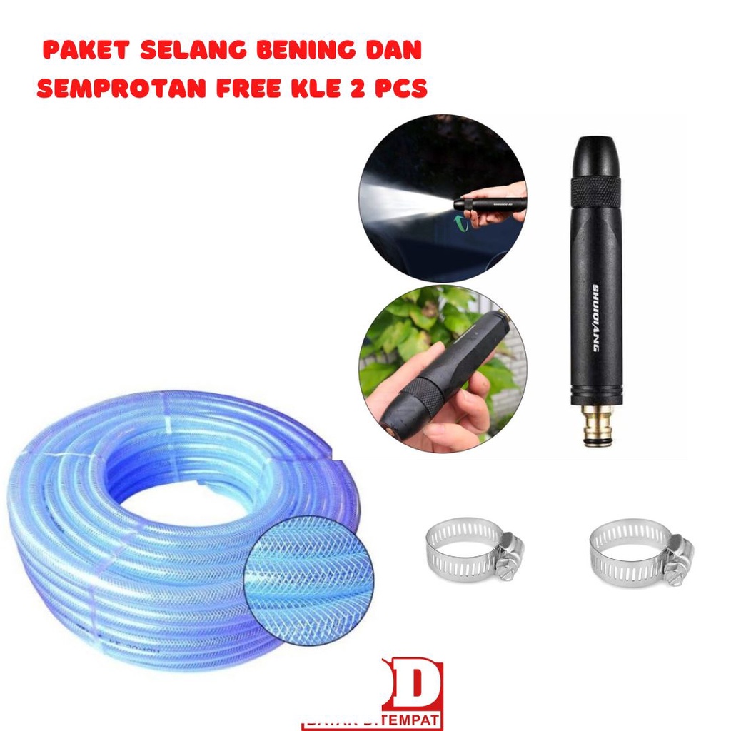 Tifaka - SATU SET SELANG SERAT BENANG BENING 1/2 INCH 1 MM + SEMPROTAN LURUS HITAM KUNINGAN + KLEM 2 PCS