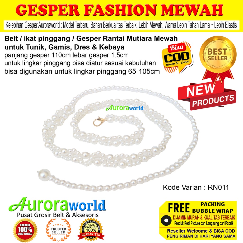 Auroraworld Belt wanita ikat pinggang mutiara Belt wanita gesper rantai mewah untuk dress gamis tunik ikat Pinggang Fashion Terbaru bisa COD RN-1B