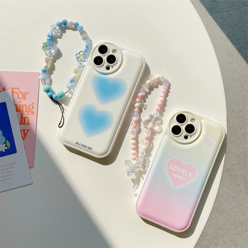 Soft Case Pelindung Penuh Motif Hati Dengan Rantai Manik-Manik Untuk Iphone 7 8 PLUS X XR XS 11 12 13 14 PRO MAX SE